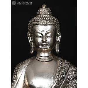 Bouddha assis dans une sculpture en laiton plaqué argent avec geste touchant la terre de 8 pouces - Product Image 3