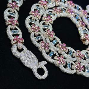 เครื่องประดับเงินแท้ 925 สร้อยคอและกำไลข้อมือแบบ Cuban Link รูปดอกไม้หลายดอก ประดับด้วยโมอิสซาไนต์หลากสีสัน - Product Image 3