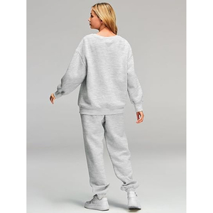 Conjunto de Sudadera Gris de 2 Piezas para Mujer, Cuello Redondo, Manga Larga, Corte Holgado, Color Sólido, Pantalones y Top de Algodón Tejido de Longitud Completa - Product Image 5