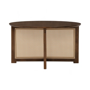 Modern Round Rattan Coffee <b>Table</b> with Cane Inlay Dark <b>Walnut</b> Wood Center <b>Table</b> Home Decor Living Room Accent Furniture - Product Image 3
