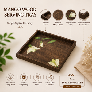 Plateau de service en bois de manguier de qualité supérieure avec incrustation florale |   Plateau carré décoratif fait main, élégant, pour la table de salle à manger ou comme accent de table centrale. - Product Image 5
