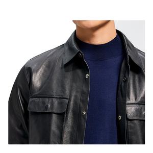 Veste en cuir rétro vintage à coupe cintrée pour homme Manteau d'automne en peau de mouton à revers court avec fermeture à glissière et bouton de décoration de style sportif - Product Image 5
