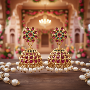 18K Gold Plated Brass Jhumki Hoop <b>Earrings</b> with Pearl Cluster Beads for Wedding and Party - Product Image 3