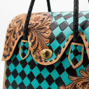 Vintage Genuine <b>Leather</b> Tote Bag With Floral <b>Tooled</b> Paneled Designer Black Teal Checkered Pattern Hasp Closure Women's Daily Use - Product Image 2