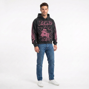 Sweat-shirt à capuche oversize pour homme, imprimé noir et rose, style streetwear, manches régulières, tissu FRENCH TERRY 300gsm - Product Image 6