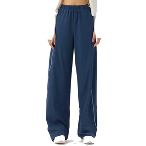 Pantalon large bleu marine taille haute avec bande latérale et cordon de serrage, longueur intégrale, en Spandex et Polyester respirant, pour femme, vêtement de sport - Product Image 3
