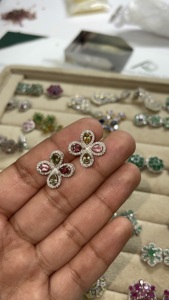 Multi Tourmaline & Diamond Earring <b>Stud</b> Colorful Multi Tourmaline Natural Gemstone Cluster Earrings Sterling <b>Silver</b> Stamped 925 - Product Image 3