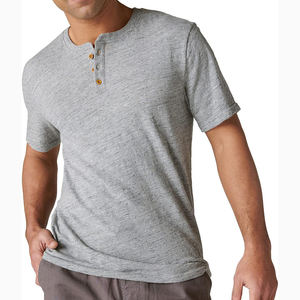 Camiseta Henley Gris para Hombre, 100% Algodón, Tejido de Punto, Estilo Vintage, Casual, Manga Corta, con Botones, Secado Rápido, Transpirable - Product Image 1