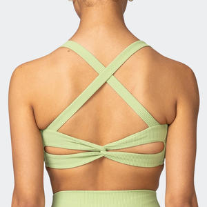 Women's Ribbed Halter Sports Bra Square Neck Medium Support Yoga Wear Breathable Seamless Solid Color Light Green - Product Image 6