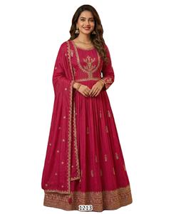 Anarkali rose Zeba brodé festif en Chinon et Georgette, longueur ras du sol, séchage rapide, prêt pour mariage et soirée, style traditionnel - Product Image 1