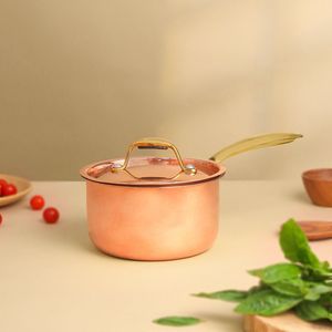 Indian Copper Hammered Sauce <b>Pan</b> With Lid Brass Handle Kitchen Cookware Cooking Pot Wholesale OEM Custom Logo Export Bulk Supply - Product Image 3