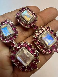 Pendientes de Diamantes Certificados de Plata de Ley 925 con Baño de Rodio de Lujo para Mujer, Turmalina Rosa Natural, Piedra Lunar Arcoíris - Product Image 3