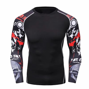 <b>Men</b> Long Sleeve <b>Compression</b> <b>Shirt</b> Black With White Dragon Print Quick Dry Sporty Fit O-Neck Knitted Polyester - Product Image 2