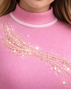 Débardeur côtelé rose personnalisé pour femme à col montant avec motif vague en strass, sans manches, été, fabrication sur mesure - Product Image 4