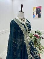 Ensemble Lehenga Brodé Bleu Profond, Robe de Mariage Indienne et Pakistanaise, Dupatta en Tulle, Tenue de Mariée Florale