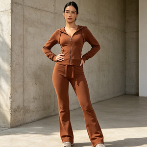 Women's Brown Hooded Sweatshirt Set Full Sleeve Solid Color Knitted Two Piece Casual Outfit Long Pants and <b>Top</b> - Product Image 2