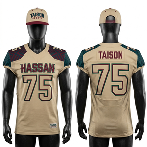 Camiseta de fútbol americano para hombre de malla de poliéster y spandex premium de 220 GSM, beige, granate, verde, con paneles en los hombros y detalles en twill termoadhesivos. - Product Image 1