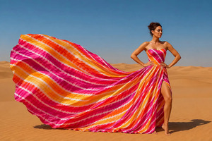 Robe longue en mousseline de soie rayée multicolore, sans bretelles, décolleté en cœur, longueur au sol, pour femmes - Product Image 5