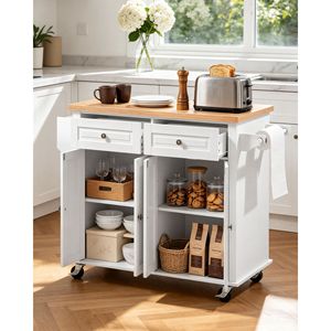 Carrello da Cucina con Isola e Spazio di Archiviazione, Larghezza 43,7 Pollici, Carrello Mobile con Ruote Girevoli, 2 Cassetti e Armadietto in Metallo e Legno - Product Image 2
