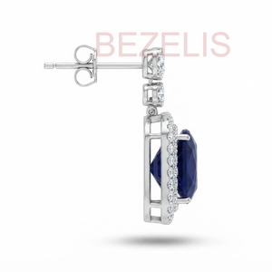 Boucles d'oreilles pendantes halo en saphir bleu taille coussin et diamant pour femme, style de luxe, vente en gros, pour anniversaire et mariage, haute joaillerie - Product Image 4
