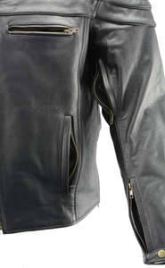 <b>Men's</b> Genuine Leather Motorcycle <b>Jacket</b> Black Cafe <b>Racer</b> Biker <b>Jacket</b> with Stand Collar Front Zipper Closure Quilted Shoulder - Product Image 6