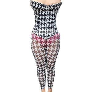 Ensemble corset overbust à imprimé pied-de-poule noir et blanc pour femme avec leggings taille haute en maille transparente - Product Image 1