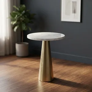Modern <b>Round</b> White Marble Top Side <b>Table</b> with Brushed <b>Gold</b> Metal Cone Base Contemporary Accent End <b>Table</b> for Living Room Decor - Product Image 1