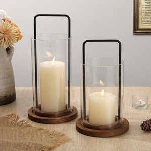 Modern Glass Hurricane Lantern With Wood Base <b>Black</b> Metal Handle <b>Pillar</b> <b>Candle</b> <b>Holder</b> Set Nordic Wedding Table Centerpiece Decor - Product Image 6