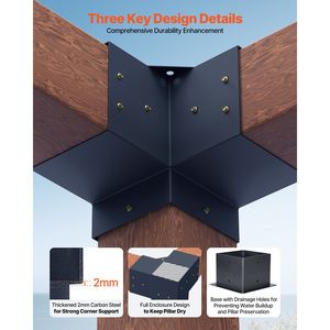 Kit Staffe per Pergola 6x6 Pollici, 4 Pezzi, Staffa Angolare a 3 Vie per Carichi Pesanti, Kit Base Palo per Lavori in Legno Fai-da-te, Facile Installazione - Product Image 3
