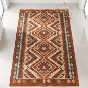 Tapis Kilim en Laine Tissé Main Premium - Tapis de Sol Plat à Motifs Géométriques Tribaux Diamantés Terracotta Style Sud-Ouest - Product Image 1