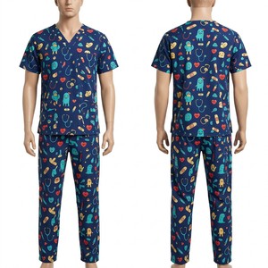 Conjunto de Uniformes Médicos Estampados para Hombre, Tela de Poliéster y Spandex de 180 GSM, Estampado Geométrico Azul Marino y Gris, Logotipo Bordado por Sublimación Personalizado - Product Image 4