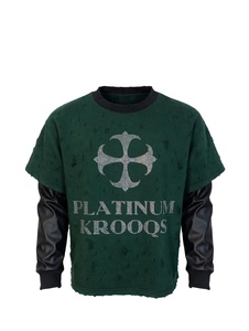 Custom High Quality Men Vintage Forest Green Distressed Rhinestone Cross Graphic Oversized Heavyweight Leather Sleeve Layered - Product Image 1