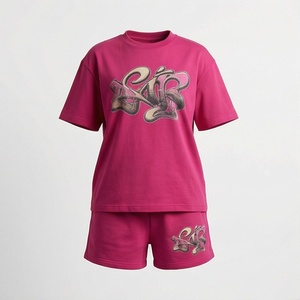 Ensemble 2 pièces pour femme en coton rose, t-shirt et short, avec imprimé lettres, col rond, coupe ample, décontracté, pour le printemps et l'été - Product Image 1