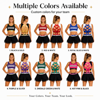 Ensemble soutien-gorge et jupe de cheerleading personnalisé noir et or avec strass AB, dos croisé en treillis et nœud, jupe à volants à 2 niveaux, 6 couleurs