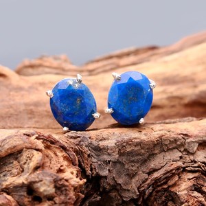 Natural Lapis Lazuli Faceted Oval Shape Gemstone Stud <b>Earrings</b> 11x9mm 925 Sterling <b>Silver</b> <b>Earrings</b> For Women Genuine Gemstone - Product Image 3