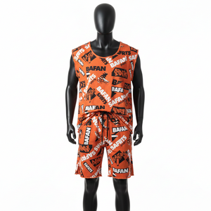 Conjunto de camiseta sin mangas y pantalones cortos para hombre, de poliéster suave, con estampado gráfico, sublimación, logotipo personalizado. - Product Image 6