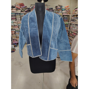 Blazer en velours côtelé bleu pour femme, col châle, manches trois quarts, longueur courte, couleur unie, vêtement d'automne, cadeau pour elle - Product Image 1