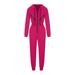 Women Hooded Full Length <b>Jumpsuit</b> Solid Color Zipper Front Casual Breathable Spandex Polyester Autumn Wear - Product Image 1