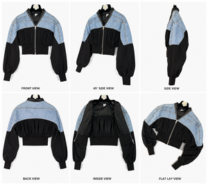 Women's <b>Cropped</b> <b>Denim</b> Patchwork Bomber <b>Jacket</b> Casual Zip Up Color Block Ruched Balloon Sleeve Streetwear Ruched <b>Jacket</b> - Product Image 6
