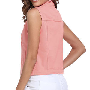 Women's Vintage <b>Lace</b> Waterproof Pink Denim Vest Sleeveless Turn-Down <b>Collar</b> Single Breasted Button Front Casual Outerwear - Product Image 4