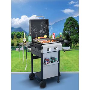 2-Burner Propane <b>Gas</b> <b>BBQ</b> Grill 24600BTU Output Stainless Steel Plancha Foldable Side <b>Table</b> Hanging Basket Outdoor Enamel Cooking - Product Image 1