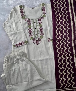 Women 3/4 Sleeve Embroidered Cotton Kurta Set With Dupatta Geometric Pattern O-Neck Full Length Casual Wear 85652 - Product Image 3