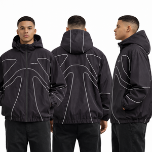 Custom Logo <b>Men</b> Hooded Windbreaker <b>Jacket</b> Black <b>Reflective</b> Piping Lightweight Streetwear Outerwear OEM Supplier <b>men's</b> <b>jackets</b> - Product Image 5