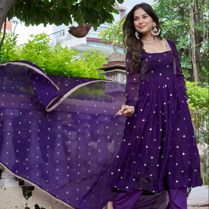 Collection Festive : Ensemble Robe Anarkali Sans Manches pour Femme - Idéal Diwali, Mariage, Plage - Soie Romaine Extensible Réversible - Product Image 2