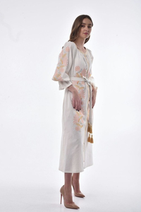 Robe maxi en coton pour femme, style bohème chic, avec broderie florale, coupe ample, taille à nouer, manches 3/4, robe décontractée - Product Image 4