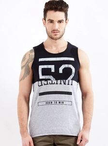 Débardeur sans manches pour homme, gris et noir, col rond, motif imprimé, décontracté, respirant, 100 % coton tricoté, logo sur le devant - Product Image 3