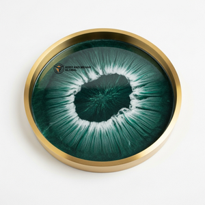 Luxury Emerald Green Resin Serving Tray with Gold Rim | Handmade Round <b>Epoxy</b> Tray | Modern Decorative <b>Coffee</b> <b>Table</b> Tray - Product Image 1