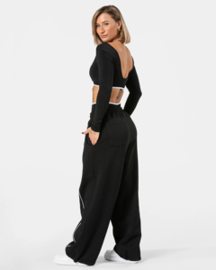 Pantalon de jogging noir pour femme, taille haute élastique, coupe ample, jambe large, avec bande latérale, longueur intégrale, décontracté - Product Image 2