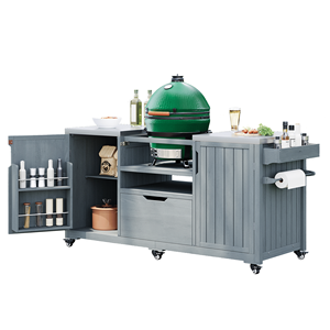Isola da Cucina per Esterni in Legno Massello da 169 cm per Griglie Big Green Egg, Carrello Grill con Piano in Acciaio Inossidabile - Product Image 6