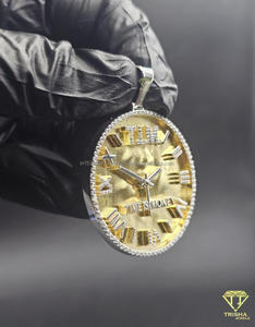 Time Is Money <b>Clock</b> Pendant with Roman Numerals and Iced Moissanite Diamond Border in 925 <b>Silver</b> - Product Image 6